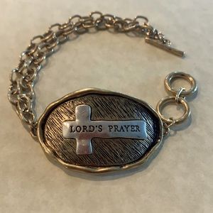 “LORD’S PRAYER” Worn Goldtone & Silvertone Cross Accented Disk Toggle Bracelet